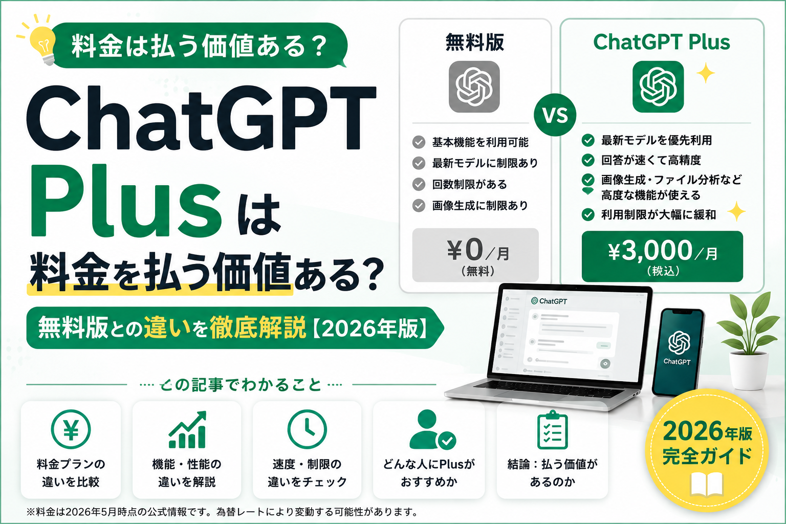 ChatGPT Plusは料金を払う価値ある？無料版との違いを比較したアイキャッチ画像【2026年版】
